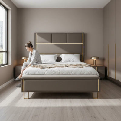 Taupe Podkładka do łóżka Podwójne łóżko Drewno Sypialnia Meble Hotel Podkładka 180x200