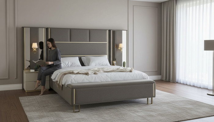 Łóżko Podwójne łóżko 2x Szafki nocne Drewno Design łóżko Sypialnia Podkładka Zestaw 3-częściowy