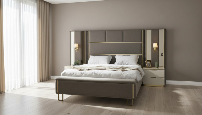 Łóżko Podwójne łóżko 2x Szafki nocne Drewno Design łóżko Sypialnia Podkładka Zestaw 3-częściowy