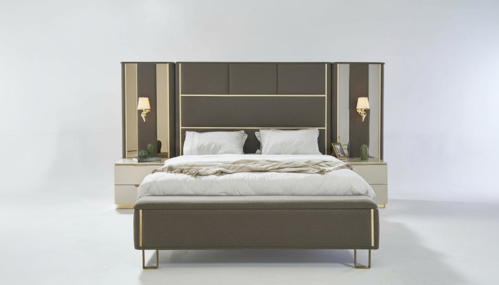 Łóżko Podwójne łóżko 2x Szafki nocne Drewno Design łóżko Sypialnia Podkładka Zestaw 3-częściowy