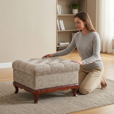 Stołek Designerski Podnóżek Chesterfield Włókienniczy Beżowy Podkładka Ławka Materiał