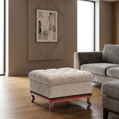 Stołek Designerski Podnóżek Chesterfield Włókienniczy Beżowy Podkładka Ławka Materiał