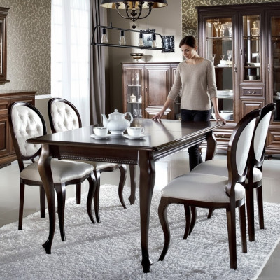 Ciemnobrązowe Drewno Stół obiadowy Classic Skóra Chesterfield Krzesła Designer 5szt. ustawić