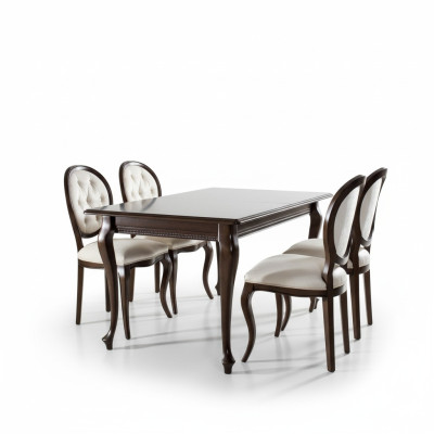 Ciemnobrązowe Drewno Stół obiadowy Classic Skóra Chesterfield Krzesła Designer 5szt. ustawić