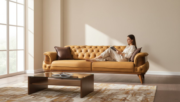 Sofa trzyosobowa Skóra Sofy Sofy Luksusowa kanapa Chesterfield Western USA Żółta
