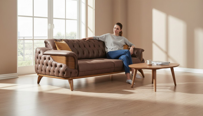 Luksusowa Sofa Trzyosobowa Chesterfield Meble Kanapy Brązowe Sofy Skóra Podkładka Nowe