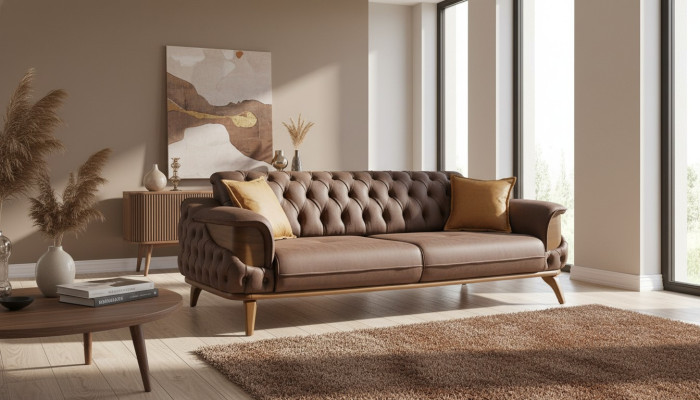 Luksusowa Sofa Trzyosobowa Chesterfield Meble Kanapy Brązowe Sofy Skóra Podkładka Nowe