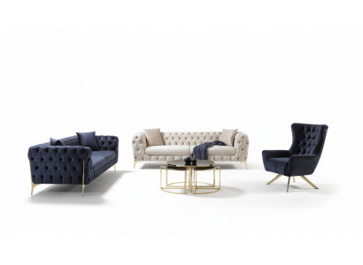 Zestaw sofowy Blue Sofa Luksusowe Sofy Fotel 3+3+1 miejsce siedzące Chesterfield Design Aksamit