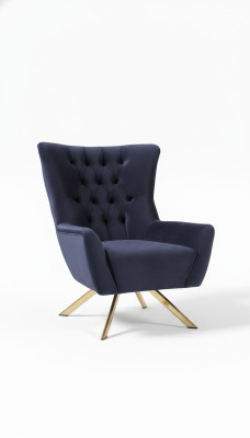 Luksusowy niebieski fotel Chesterfield z aksamitną tapicerką w salonie