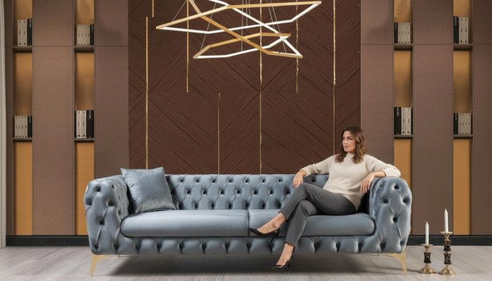 Sofa trzyosobowa luksusowa Chesterfield 3 miejsce do siedzenia Kanapy Szare Sofy Aksamit Nowa Kanapa