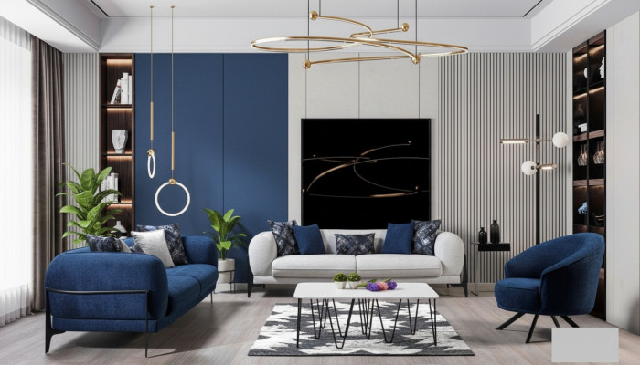 Luksusowy Zestaw sofowy 3+3+1 Siedziba Skóra Nowoczesna Sofa Fotel Niebieski Zestaw Sof 3szt Nowość