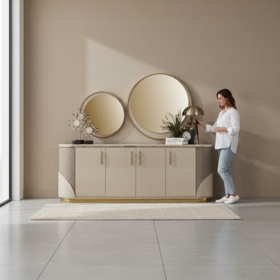 Kredens 2x Lustro Living Room Design Luxury Meble konsola Lowboard Beige