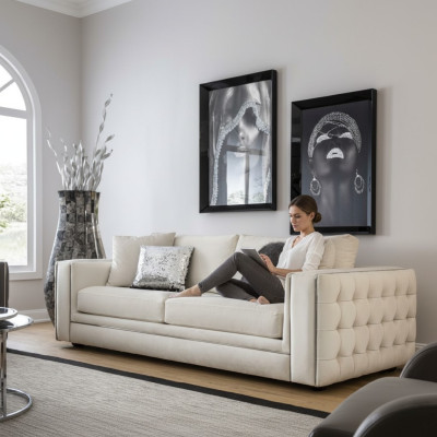 Klasyczna trzyosobowa sofa Chesterfield Meble luksusowe kanapy beżowe 3 sofy Siedziba