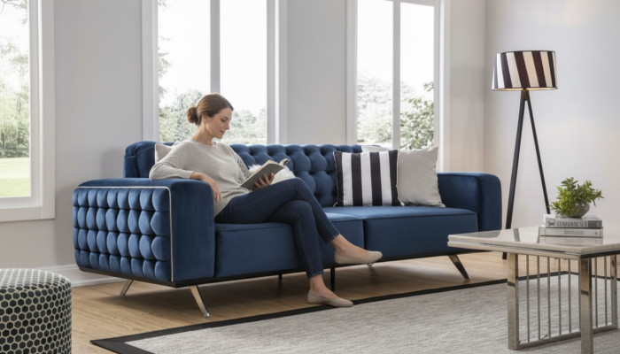 Klasyczna Sofa Trzyosobowa Chesterfield Meble Luksusowe Kanapy Niebieskie 3 Sofy Siedziba