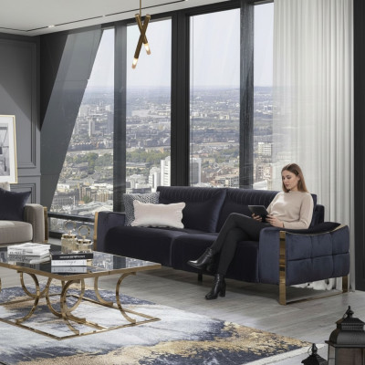 Klasyczna Sofa 3 Siedziba Design Salon Podkładka Drewno Podkładka Modern Luxury Blue