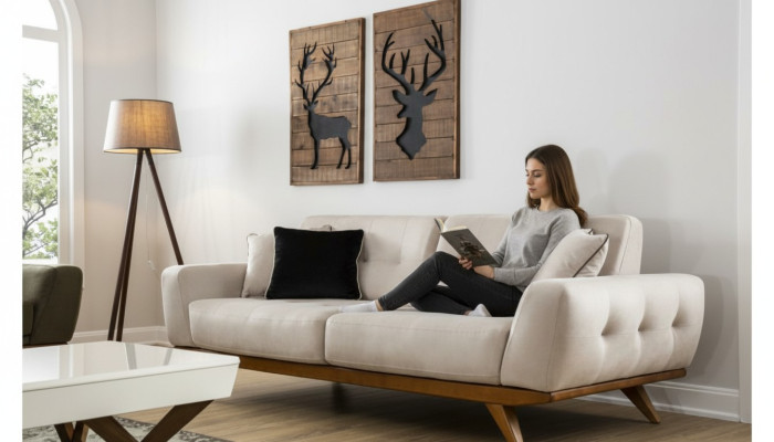 Sofa Klasyczna 2 Siedziba Design Salon Podkładka Drewno Skóra Modern Luxury Beige