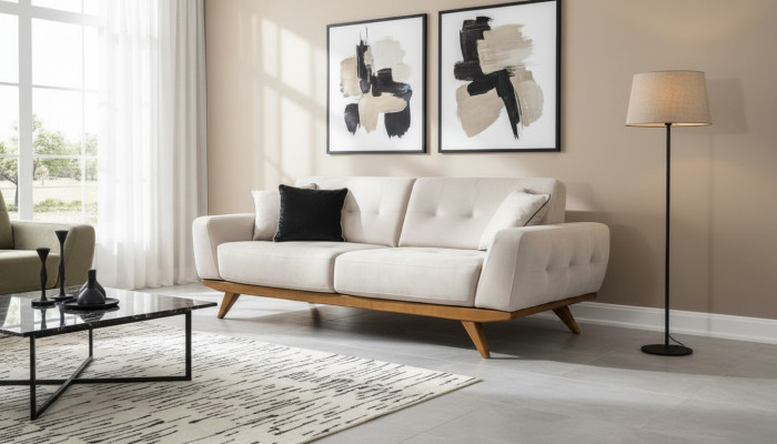 Sofa Klasyczna 2 Siedziba Design Salon Podkładka Drewno Skóra Modern Luxury Beige