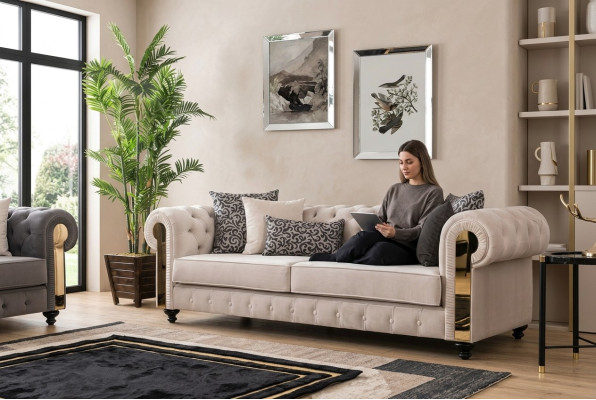 Chesterfield Sofa 3 Siedziba Design Salon Podkładka Drewno Skóra Nowoczesny Luksus