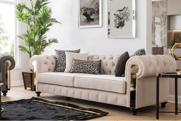 Chesterfield Sofa 3 Siedziba Design Salon Podkładka Drewno Skóra Nowoczesny Luksus