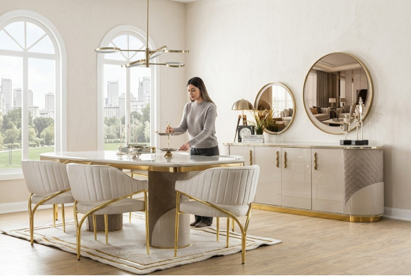 zestaw jadalnia 10 sztuk. Ustawić Luxury Table 6x Krzesło Kredens Lustro Meble Drewno