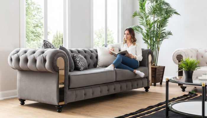 Luksusowa Sofa do Salonu 3 Siedziba Trzyosobowa Szara Chesterfield Klasyczne Kanapy