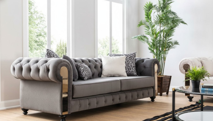 Luksusowa Sofa do Salonu 3 Siedziba Trzyosobowa Szara Chesterfield Klasyczne Kanapy