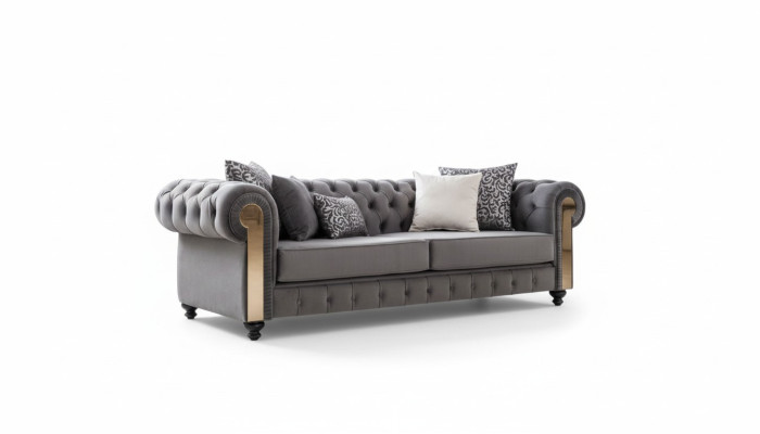Luksusowa Sofa do Salonu 3 Siedziba Trzyosobowa Szara Chesterfield Klasyczne Kanapy