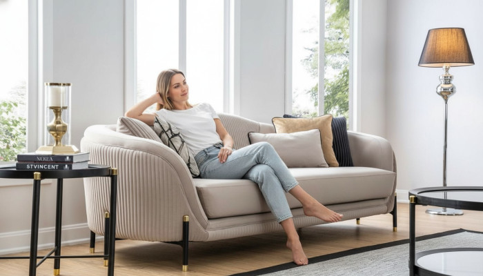 Sofa 3 miejsce do siedzenia Sofa tapicerowana beżowa Włókienniczy Siedziba Design Kanapa Sofy Materiał Nowoczesna Nowość
