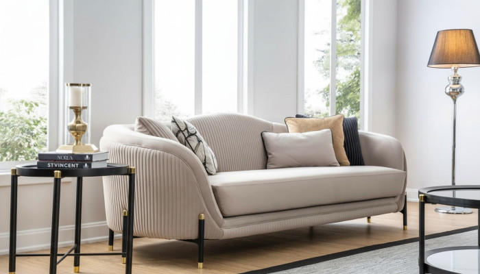 Sofa 3 miejsce do siedzenia Sofa tapicerowana beżowa Włókienniczy Siedziba Design Kanapa Sofy Materiał Nowoczesna Nowość