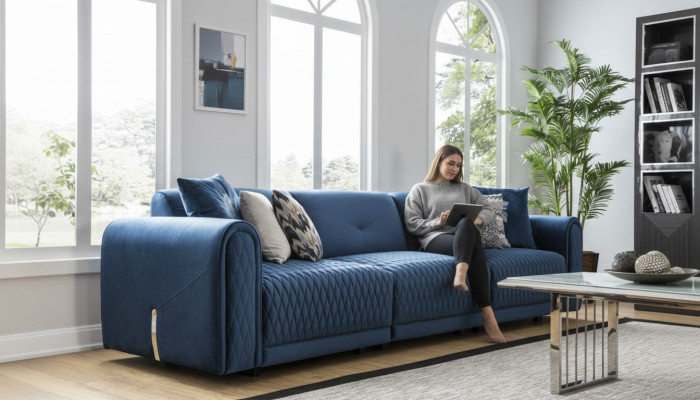 Luksusowa Sofa 4 miejsce do siedzenia Salon Nowoczesny Design Niebieskie Sofy Skóra Kanapy Nowość