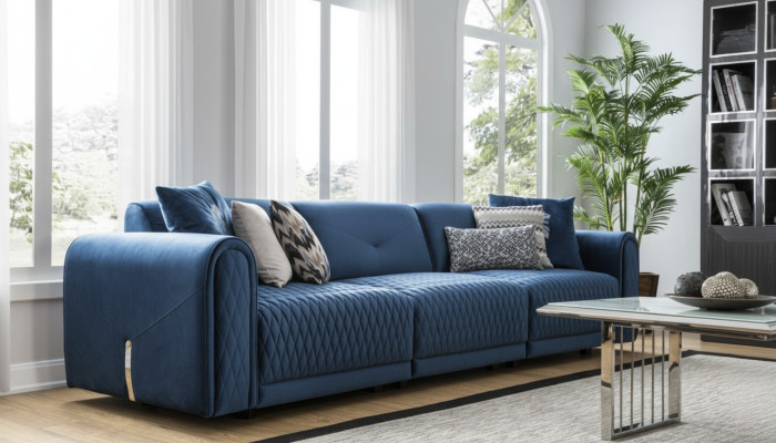 Luksusowa Sofa 4 miejsce do siedzenia Salon Nowoczesny Design Niebieskie Sofy Skóra Kanapy Nowość