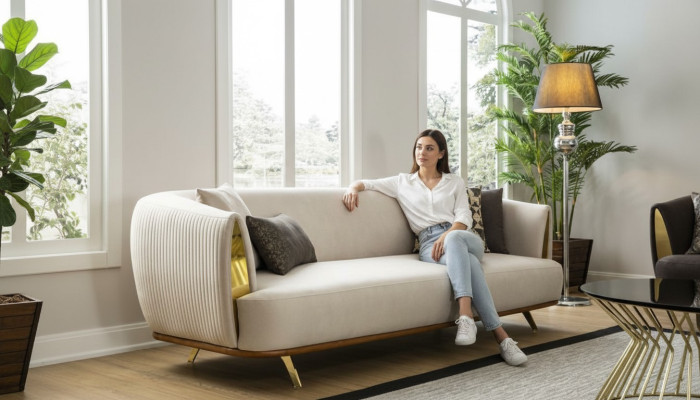 Nowoczesna sofa 2 miejsce do siedzenia Sofa tapicerowana Biały Włókienniczy Siedziba Design Couch Sofy Materiał