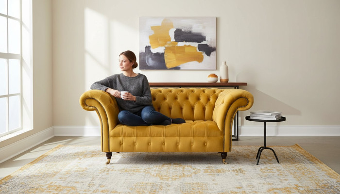 Fotel Chesterfield Meble Zestaw 2x Sofa Jednoosobowa Sofa Włókiennicza Żółta