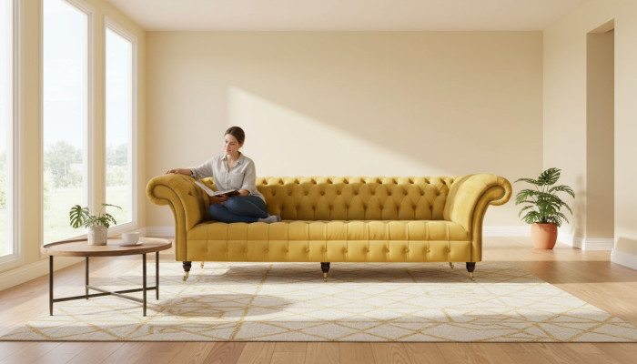 Sofa Elegance Design 4 miejsce do siedzenia Sofa Podkładka Luxury Włókienniczy Sofy Chesterfield Żółta