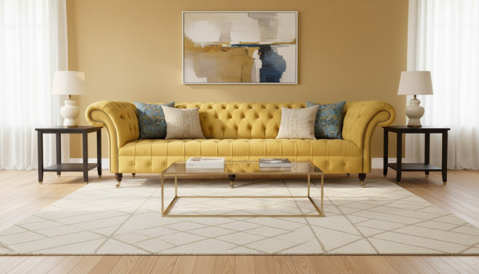 Sofa Elegance Design 4 miejsce do siedzenia Sofa Podkładka Luxury Włókienniczy Sofy Chesterfield Żółta