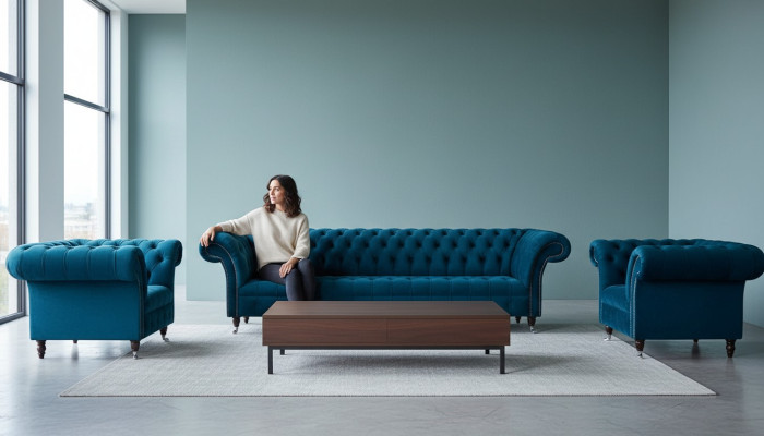 Zestaw sofowy Couch Blue Chesterfield Zestaw podkładek do siedzenia 3+1+1