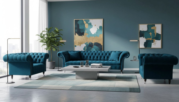 Zestaw sofowy Couch Blue Chesterfield Zestaw podkładek do siedzenia 3+1+1