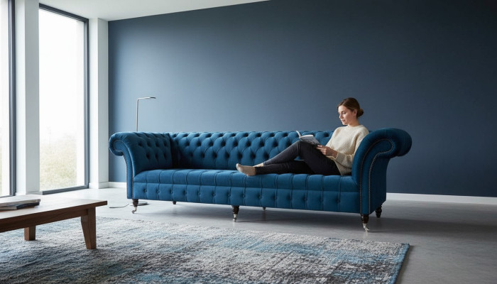 Design Luksusowa Sofa Chesterfield 4-miejsce siedzące Couch Podkładka Sofy Meble Niebieskie