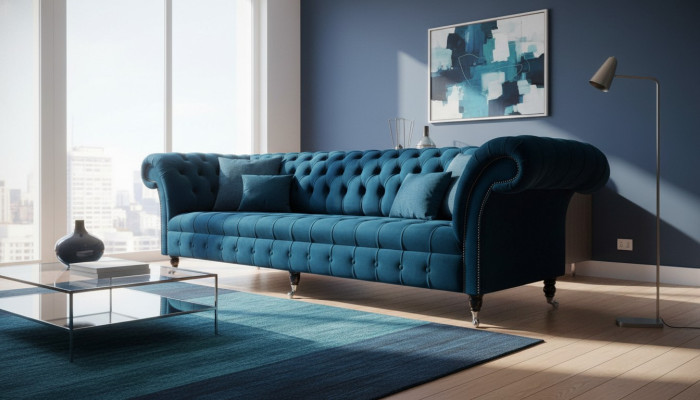 Design Luksusowa Sofa Chesterfield 4-miejsce siedzące Couch Podkładka Sofy Meble Niebieskie