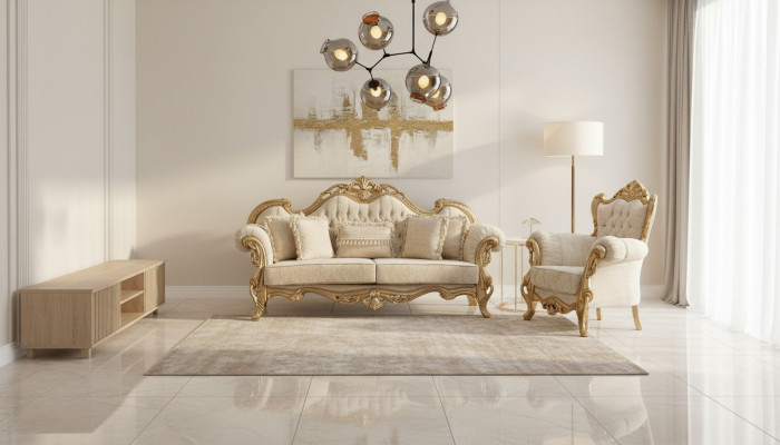 Sofa Chesterfield I Fotel w kolorze beżowym o luksusowym designie wysokiej jakości