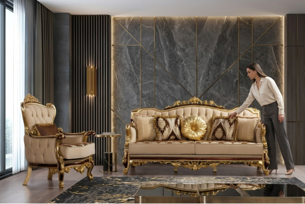 Luksusowa Sofa Beżowa Zestaw sofowy Fotel 3+1 miejsce do siedzenia Material Design Sofy