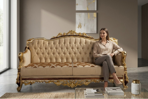 Chesterfield Couch Barokowe Trzyosobowe Meble Sofa Kanapy Materiał Złoty