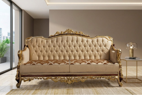Chesterfield Couch Barokowe Trzyosobowe Meble Sofa Kanapy Materiał Złoty