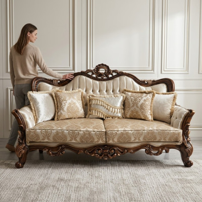 Chesterfield Barokowa Trzyosobowa Sofa Sofa Materiałowa Złota Kanapa