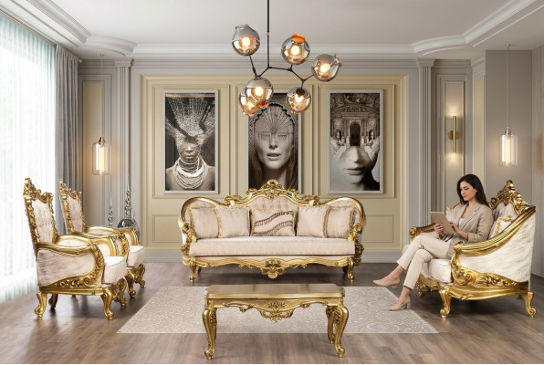 Złoty Zestaw sofowy Zestaw 5 kanap z stolikiem kawowym Chesterfield Baroque