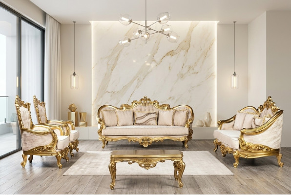 Złoty Zestaw sofowy Zestaw 5 kanap z stolikiem kawowym Chesterfield Baroque