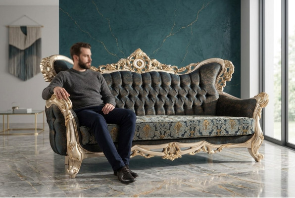 Barokowa trzyosobowa kanapa Chesterfield Meble Sofa Kanapy Materiał Złoty