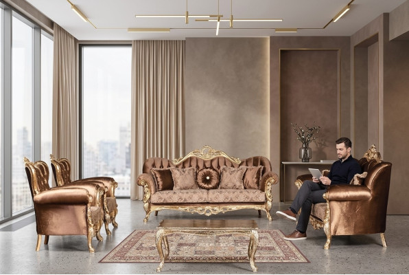 Zestaw kanapowy Złoty Aksamit Chesterfield Zestaw sofowy Sofa Meble Drewno 5szt