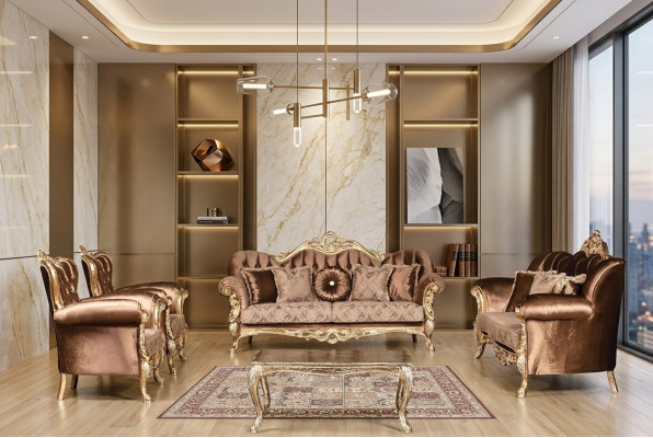 Zestaw kanapowy Złoty Aksamit Chesterfield Zestaw sofowy Sofa Meble Drewno 5szt