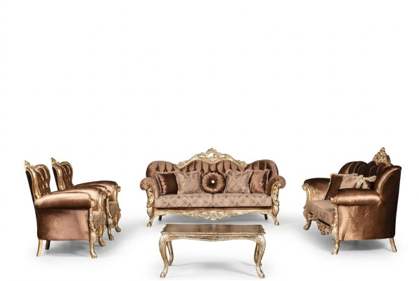 Zestaw kanapowy Złoty Aksamit Chesterfield Zestaw sofowy Sofa Meble Drewno 5szt